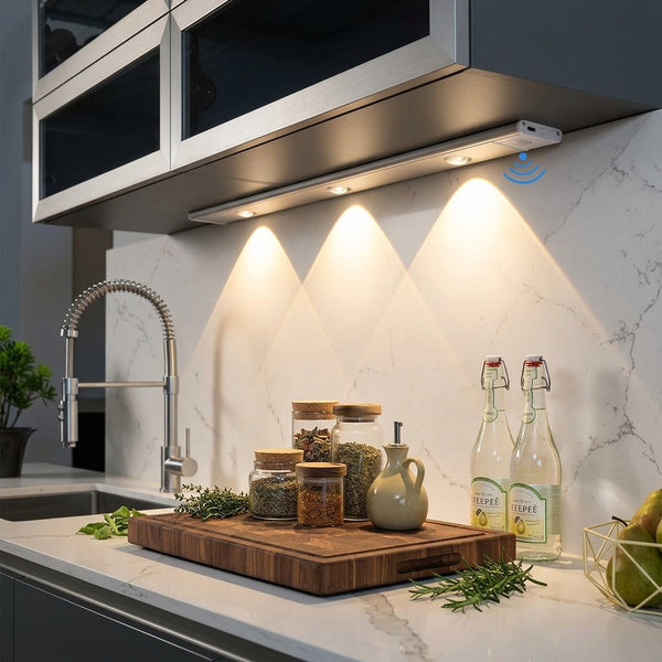 Barra LED instalada bajo un mueble de cocina real, encendida iluminando la encimera