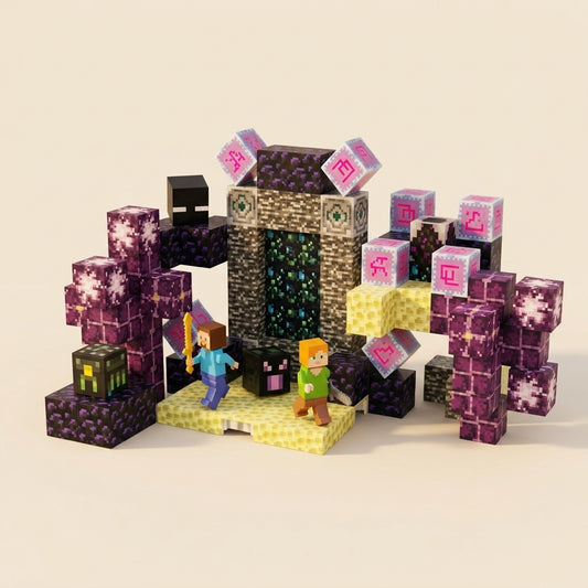 Set de bloques magneticos Minecraft Exit Portal armado, fondo crema