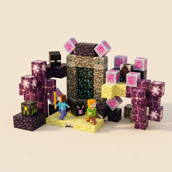 Set de bloques magneticos Minecraft Exit Portal armado, fondo crema