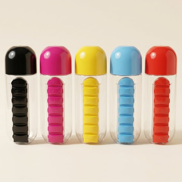 Botella de Agua con Pastillero, los 5 colores disponibles