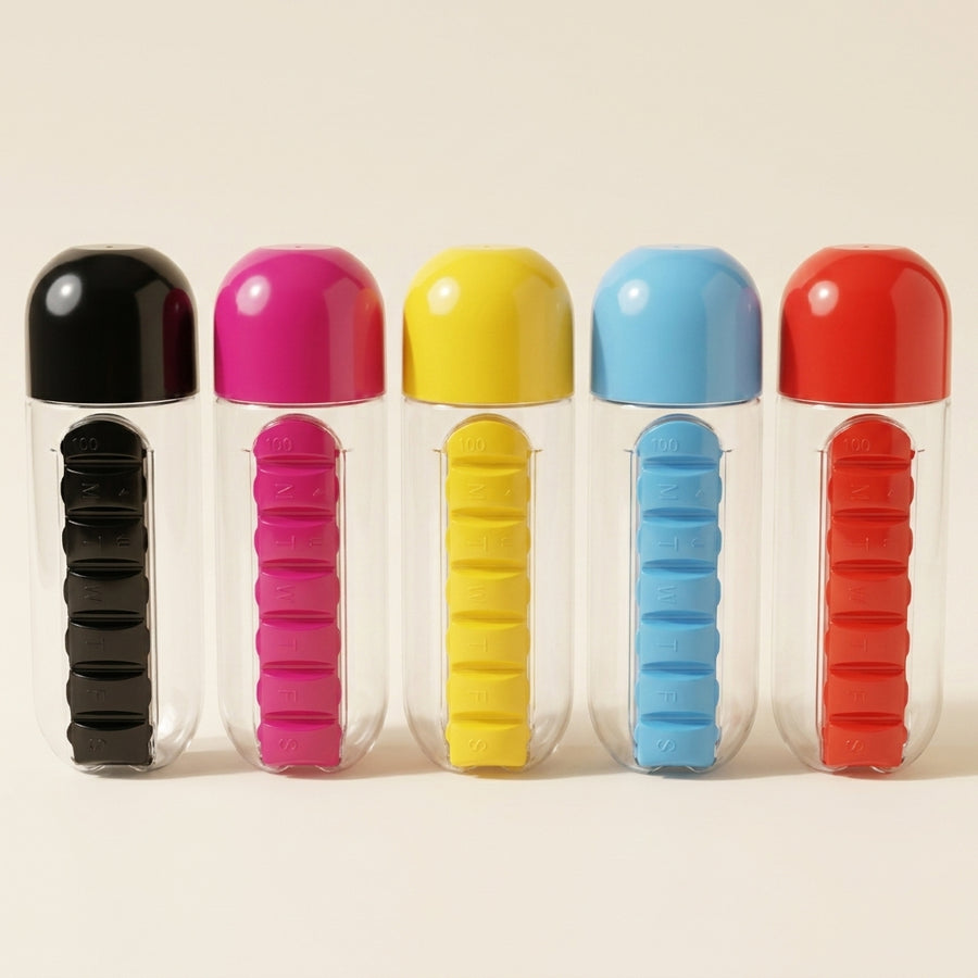 Botella de Agua con Pastillero, los 5 colores disponibles