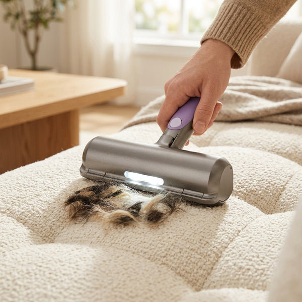 Mano usando el cepillo removedor de pelos electrico sobre un sillon, recogiendo pelo de mascota