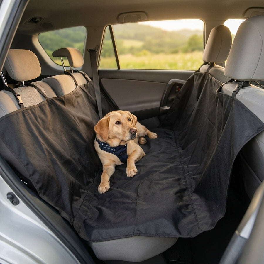 Perro sobre el cubre asientos instalado en el auto