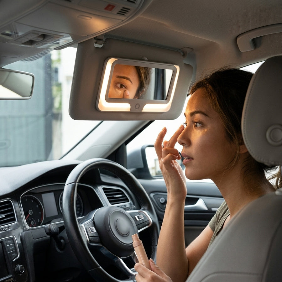 Mujer aplicandose maquillaje usando el espejo LED instalado en la visera del auto