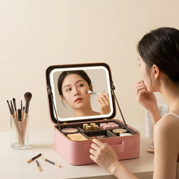 Mujer usando el estuche de maquillaje con espejo LED