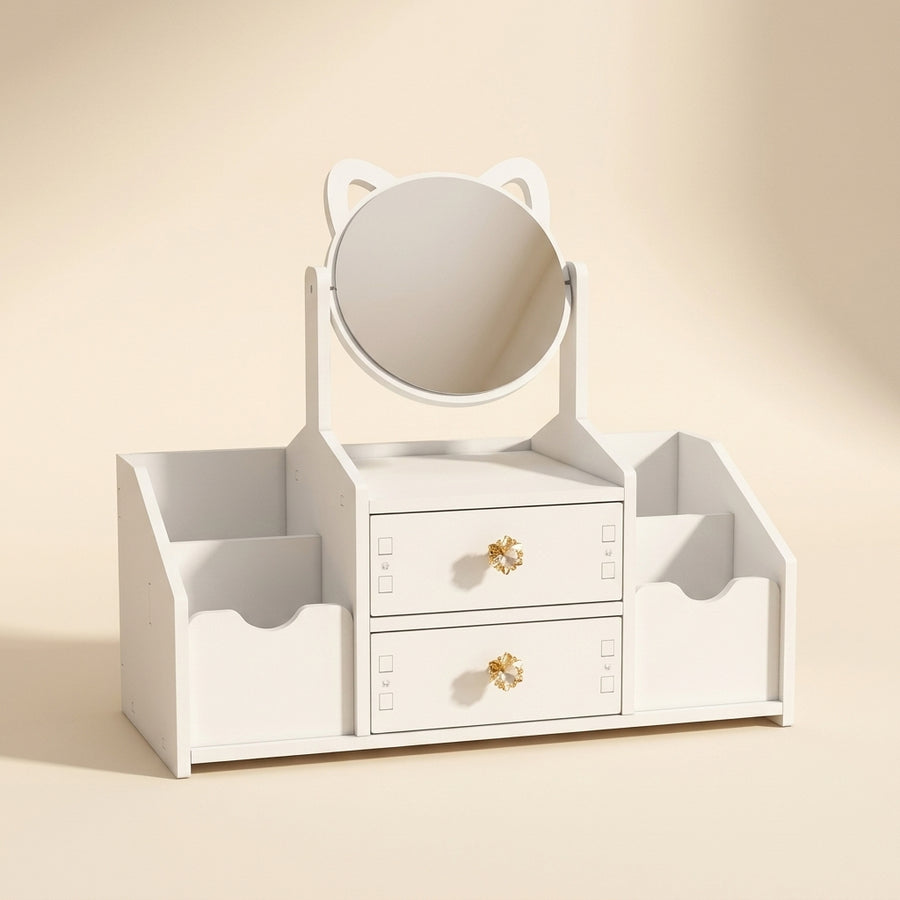 Organizador de maquillaje blanco con espejo de orejitas de gato, vacío y limpio, fondo crema
