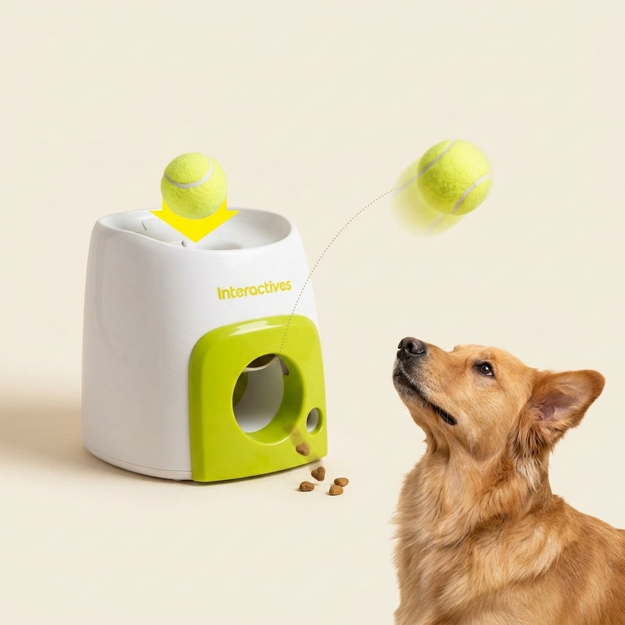 Maquina lanzadora automatica en accion, pelota de tenis en el aire con premio cayendo y perro expectante