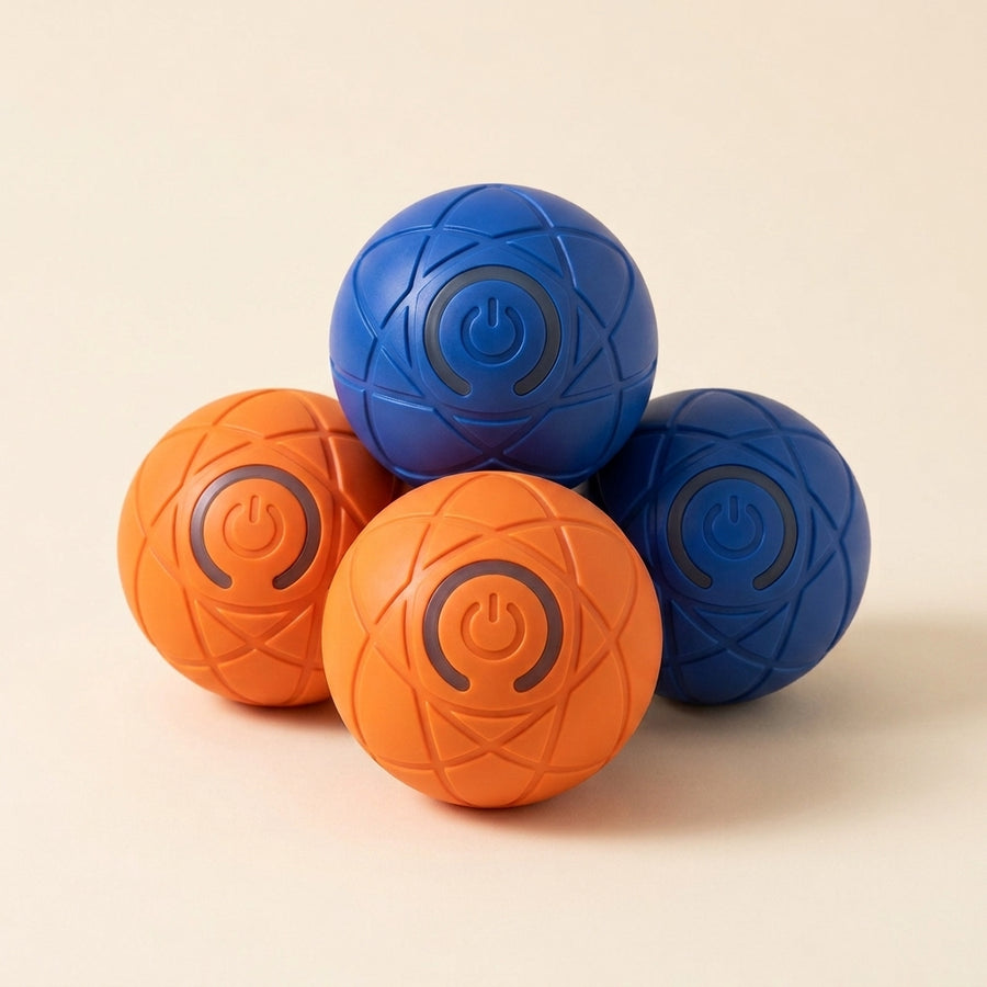 Pelotas inteligentes interactivas para mascotas, azules y naranja, fondo crema