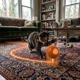 Gato saltando para atrapar la pelota inteligente naranja en el aire