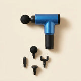 Pistola masajeadora recargable color azul con sus 4 accesorios