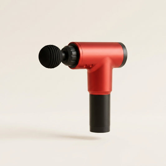 Pistola masajeadora recargable color rojo, fondo crema