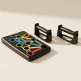 Tablero push-up fitness desarmado mostrando sus piezas: tablero y dos mangos desmontables