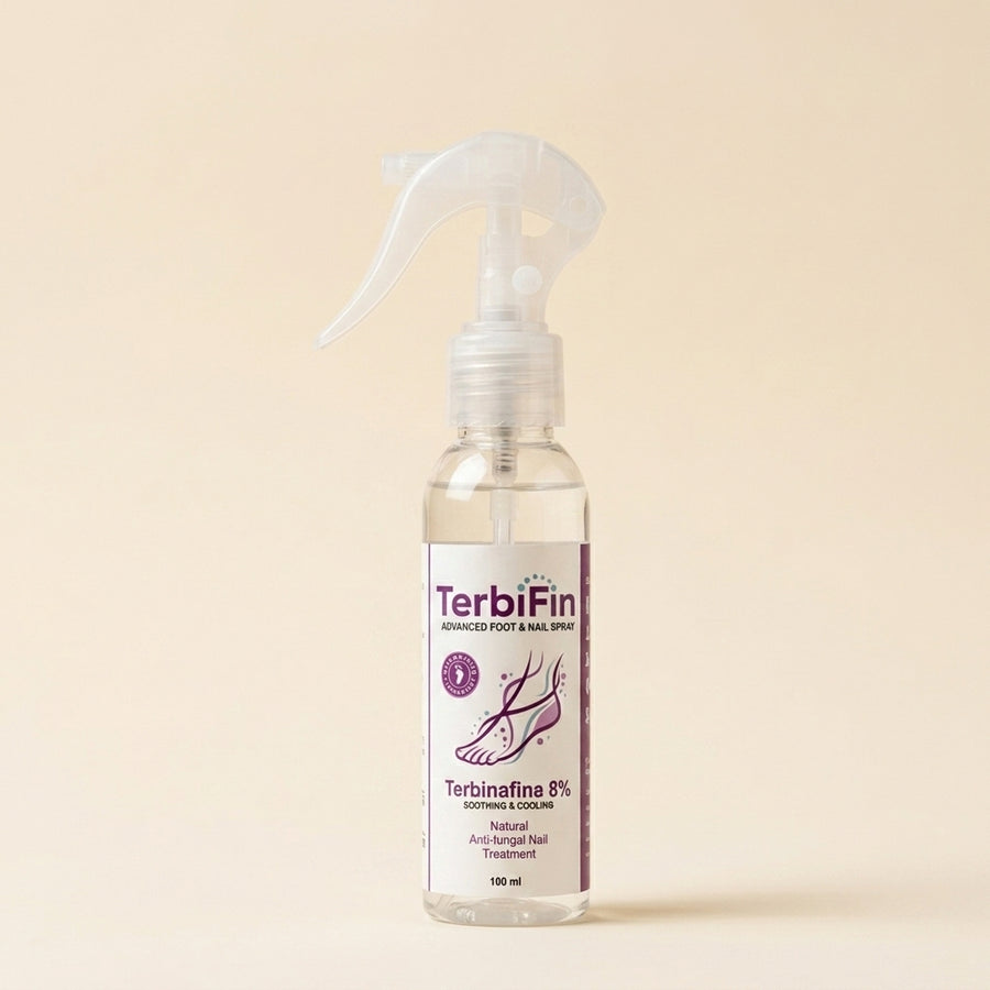 TerbiFin spray antihongos para pies y unas, fondo crema