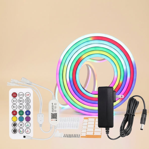 Tira de luces neon LED RGB con control remoto y adaptador, fondo crema